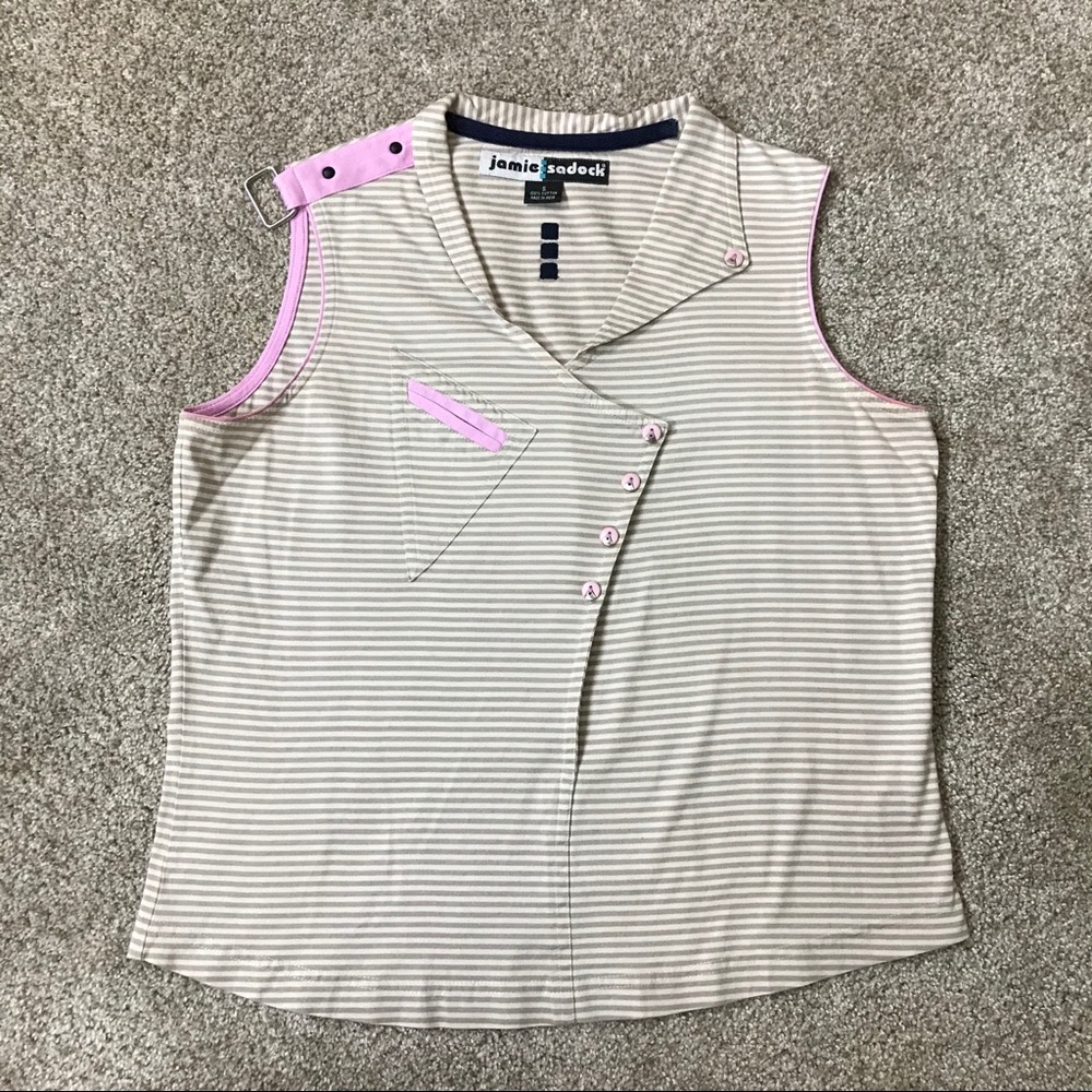 JAMIE SADOCK Beige & Pink STRIPED VNeck GOLF SHIRT